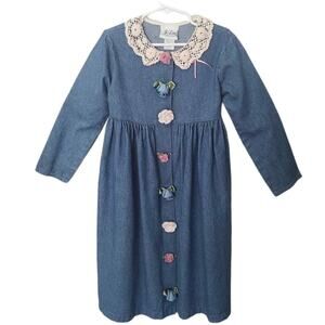 VTG Jo Lene Boho Prairie Girls Blue Dress Ribbon Buttons Crochet Lace Collar 6X